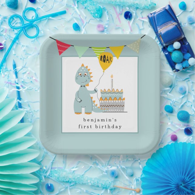 Cute Dinosaur Cake Powder Blue 1st Birthday  Paper Plates (Party)