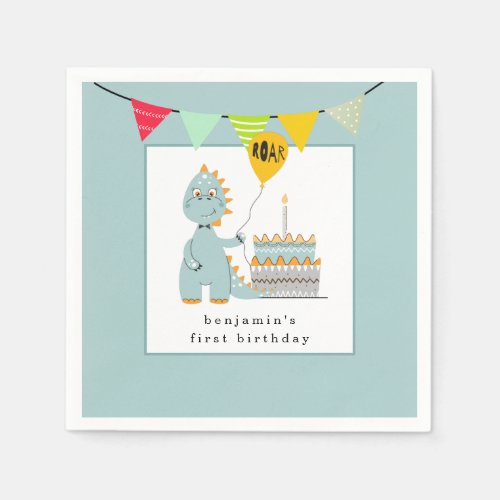 Cute Dinosaur Cake Powder Blue First Birthday Napkins