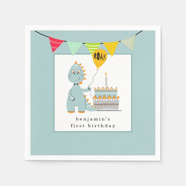 Cute Dinosaur Cake Powder Blue First Birthday Napkins (Front)