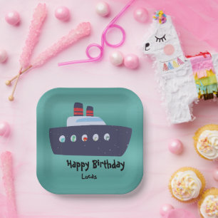 Cute dinosaur captain boat ship School Birthday Paper Plates