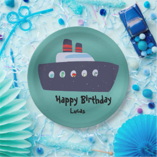 Cute dinosaur captain boat ship School Birthday Paper Plates