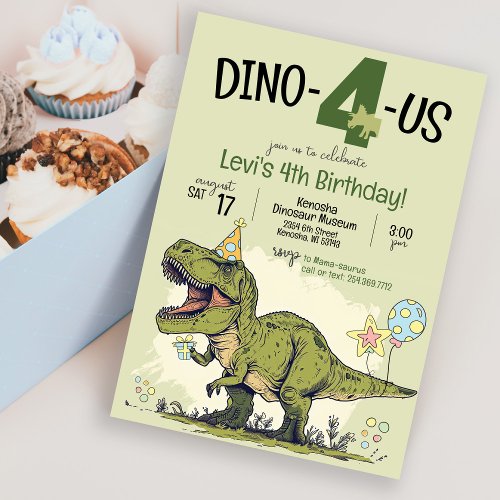 Cute Dinosaur Cartoon Dino_4_us 4th Birthday Party Invitation