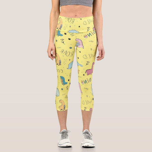 Cute dinosaur cartoon pattern capri leggings (Front)