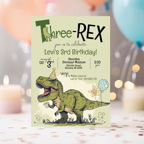 Cute Dinosaur Cartoon Three_Rex 3rd Birthday Party Invitation