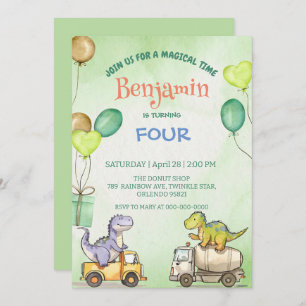 Cute dinosaur cement truck Rainbow School Birthday Invitation
