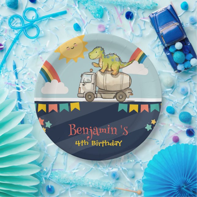 Cute dinosaur cement truck Rainbow School Birthday Paper Plates (Party)