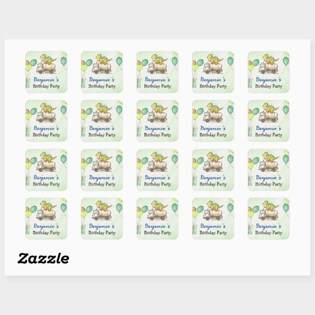 Cute dinosaur cement truck Rainbow School Birthday Square Sticker (Sheet)