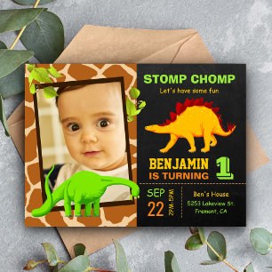 Cute Dinosaur Chalkboard 1st Photo Birthday Party Invitation Postcard