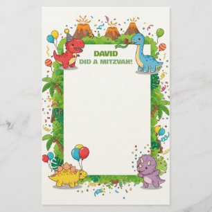 Cute Dinosaur Childrens Custom Name Mitzvah Note Stationery