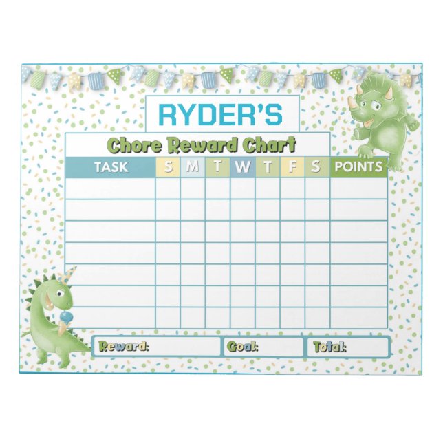 Cute Dinosaur Chore Reward Chart Personalized Name Notepad (Front)