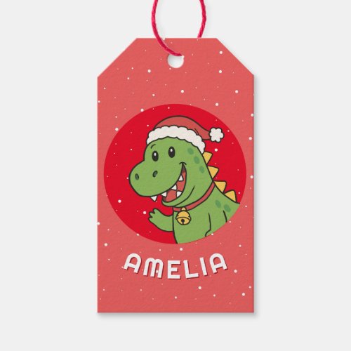 Cute Dinosaur Christmas Kid`s Name  Gift Tags
