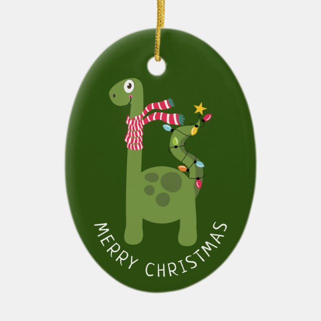 Cute Dinosaur Christmas Photo Ceramic Ornament (Front)