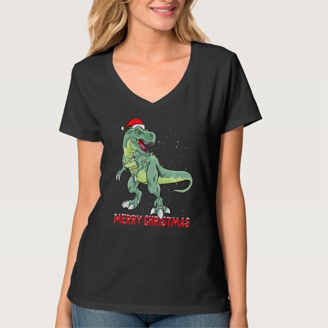 Cute Dinosaur Christmas Tree Lights T-Shirt (Front)