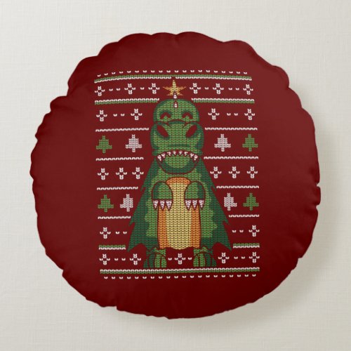 Cute Dinosaur Christmas Tree Ugly Sweater Design Round Pillow