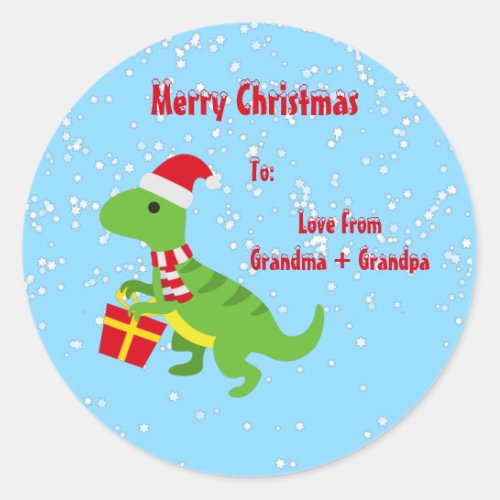 Cute Dinosaur Christmas TRex Blue Kids Classic Round Sticker
