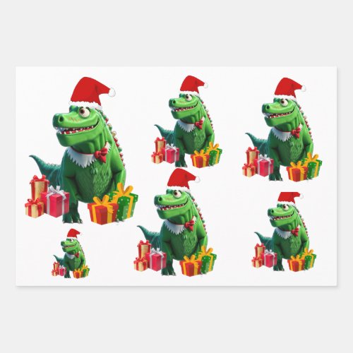 Cute Dinosaur Christmas Wrapping Paper Sheets