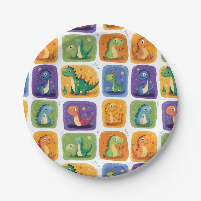 Cute Dinosaur Collage Pattern – Fun & Playful Dino Paper Plates (Front)