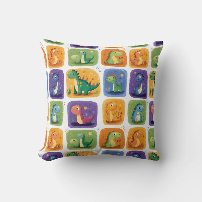 Cute Dinosaur Collage Pattern – Fun & Playful Dino Throw Pillow (Front)