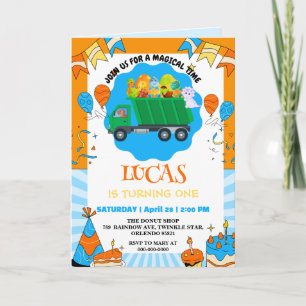 Cute Dinosaur colorful garbage truck birthday boy  Invitation