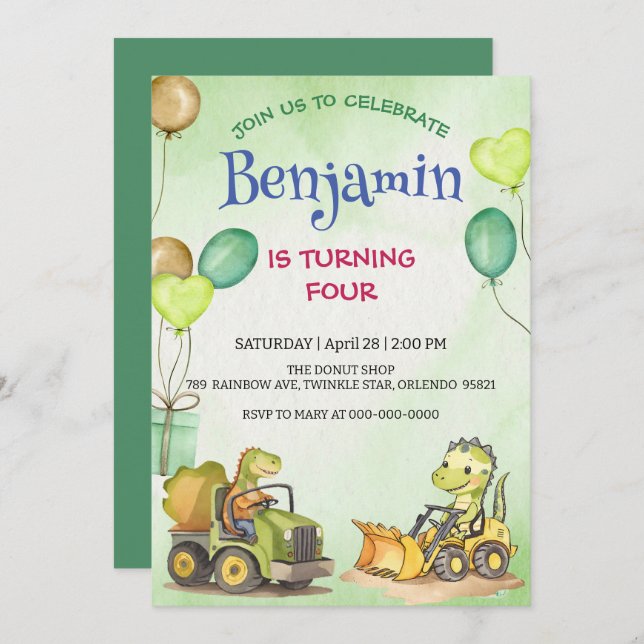 Cute dinosaur construction truck balloon Birthday  (Front/Back)