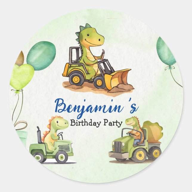 Cute dinosaur construction truck balloon Birthday  Classic Round Sticker (Front)