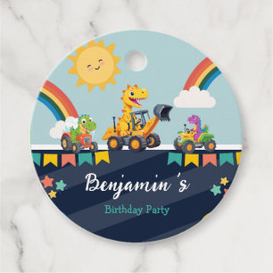 Cute dinosaur construction truck balloon Birthday Favor Tags