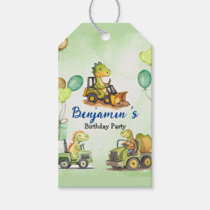 Cute dinosaur construction truck balloon Birthday Gift Tags