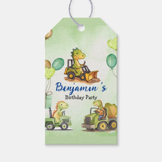 Cute dinosaur construction truck balloon Birthday  Gift Tags (Front)
