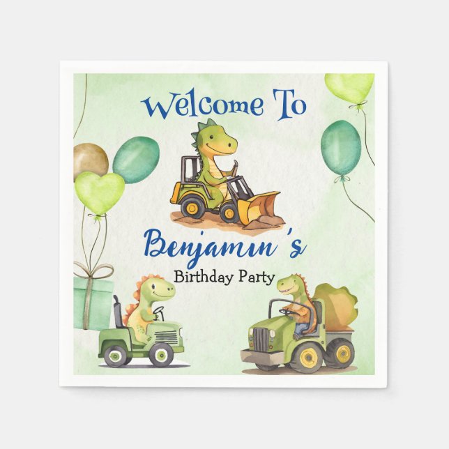 Cute dinosaur construction truck balloon Birthday  Napkins (Front)