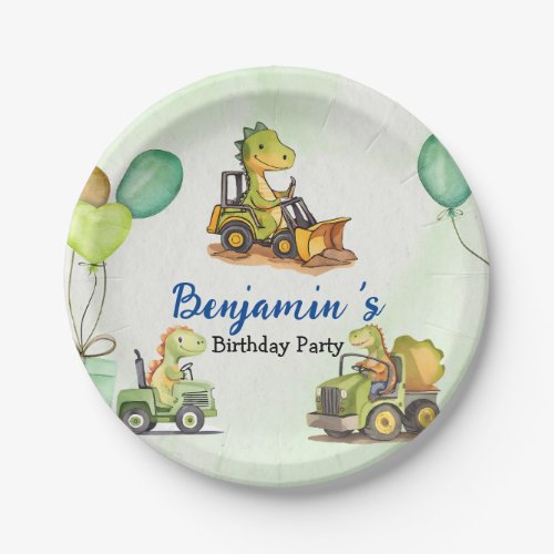 Cute dinosaur construction truck balloon Birthday  Paper Plates