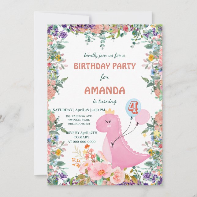 Cute dinosaur crown balloon flora Birthday Party Invitation (Front)