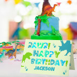 Cute Dinosaur Custom Name and Text Kid's Birthday  Card<br><div class="desc">This colorful birthday card features dinosaur silhouettes and whimsical dinosaur themed text that reads: "Rawr! Happy Birthday" and a personalized name. The inside text reads: "Wishing you a wild and wonderful day." This fun card features complementary shades of blue and green on a light-yellow background. Click "Personalize this Template" to...</div>