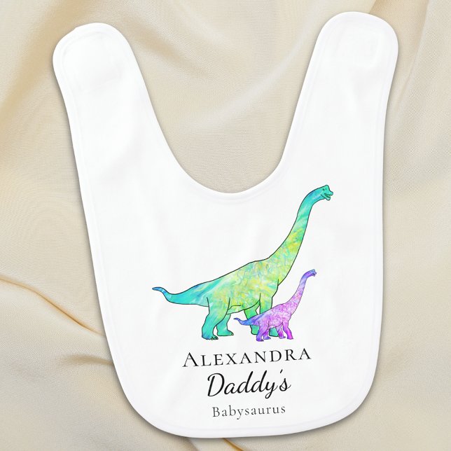 Cute Dinosaur Dad and Daughter Quote Personalized Baby Bib (Cute Dinosaur dad and daughter personalized name girls baby bib Colorful brachiosaurus watercolor )