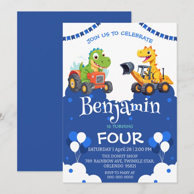 Cute dinosaur dig Excavator truck balloon Birthday (Front/Back)