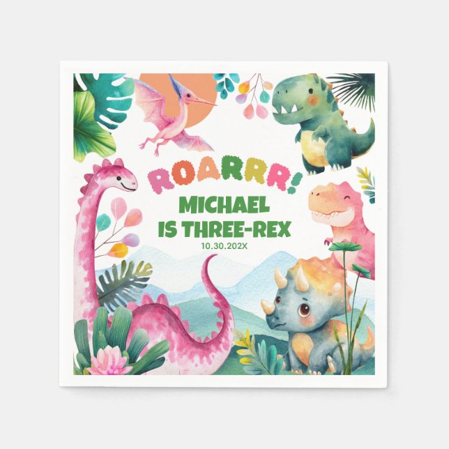 Cute Dinosaur Dig Prehistoric Kids 3rd Birthday  Napkins (Front)