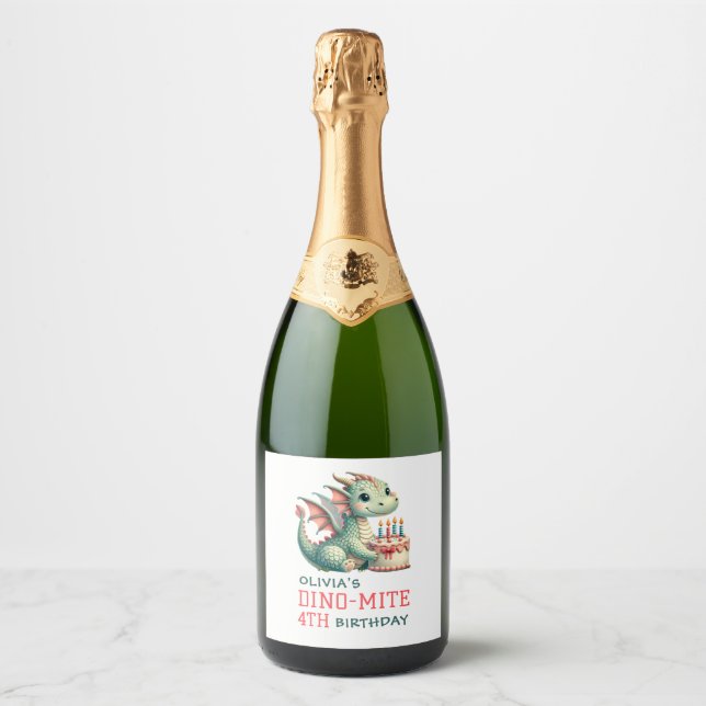 Cute Dinosaur Dino-Mite Birthday Celebration Sparkling Wine Label (Front)