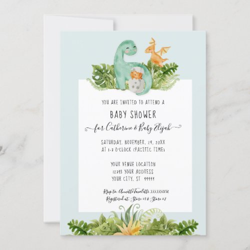 Cute Dinosaur Dino Mommy Foliage Baby Boy Shower Invitation