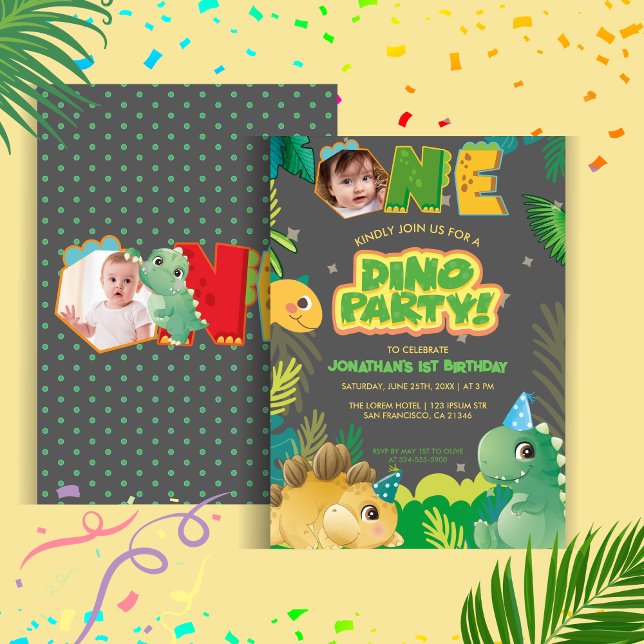 Cute Dinosaur Dino Party First Birthday Colorful  Invitation (Creator Uploaded)