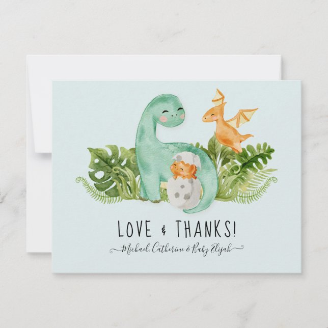 Cute Dinosaur Dino Thank You Note Baby Boy Shower Card (Front)