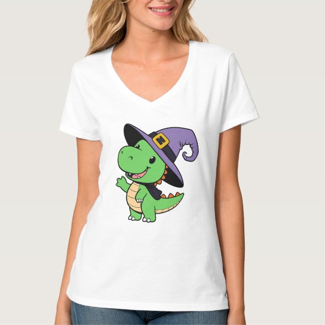 Cute Dinosaur dressed as a witch for Halloween T-Shirt (Front)