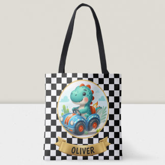 Cute Dinosaur Driving a Race Car Tote Bag