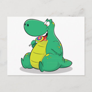 Cute dinosaur eating lollipop candy postcard