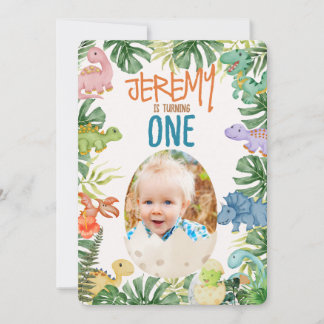 Cute Dinosaur Egg Photo First Birthday Invitation