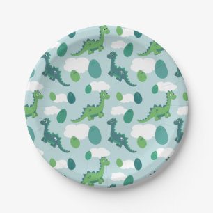 Cute dinosaur eggs blue green pattern paper plates