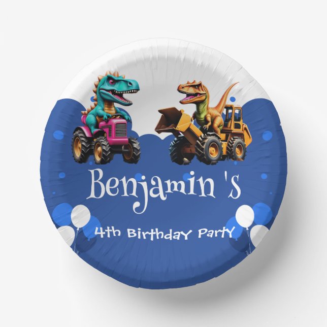 Cute dinosaur Excavator tractor balloon Birthday  Paper Bowls (Front)