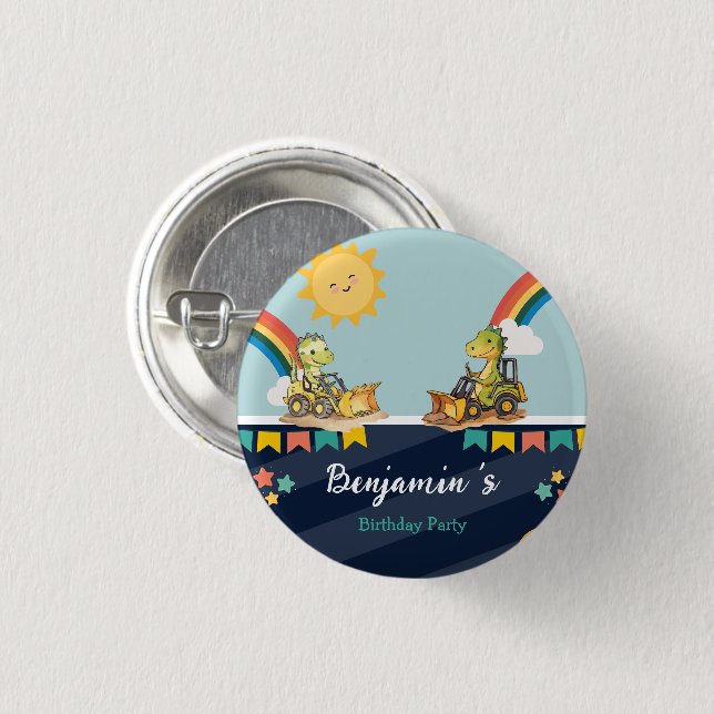 Cute dinosaur Excavator tractor rainbow Birthday  Button (Front & Back)