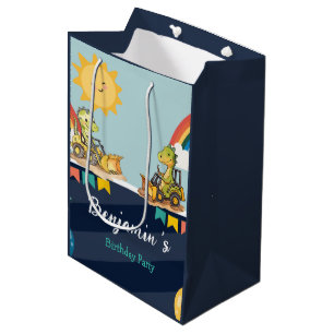 Cute dinosaur Excavator tractor rainbow Birthday Medium Gift Bag