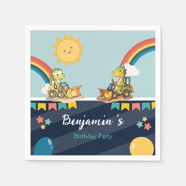 Cute dinosaur Excavator tractor rainbow Birthday  Napkins (Front)