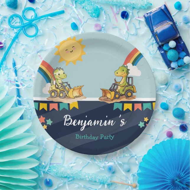 Cute dinosaur Excavator tractor rainbow Birthday  Paper Plates (Party)