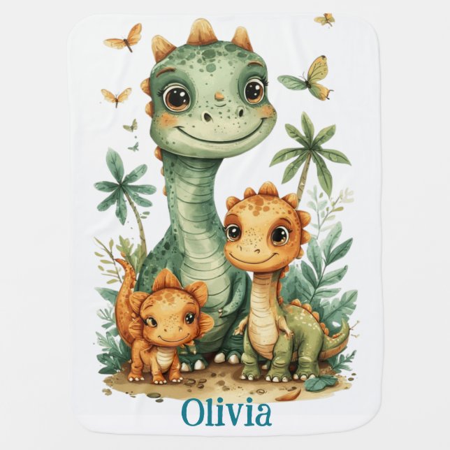 Cute Dinosaur Family Personalized Kids Baby Blanket (Front)